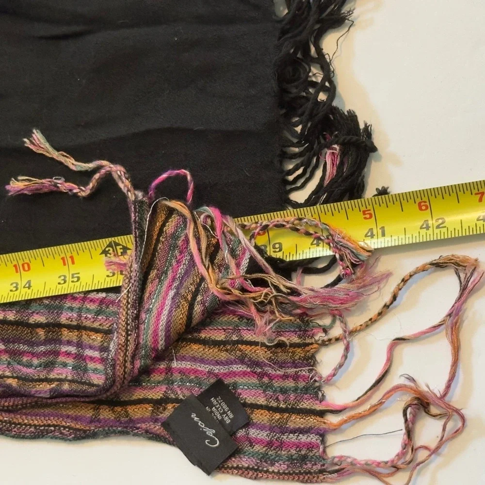 Cejon Black Viscose Scarf Multi Color Metallic Striped Border Fringe Wrap India